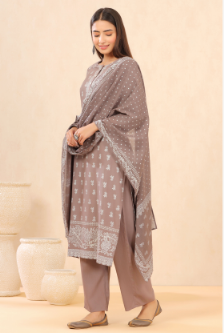Women's Grey Rayon Printed Straight Kurta Palazzo Dupatta Set