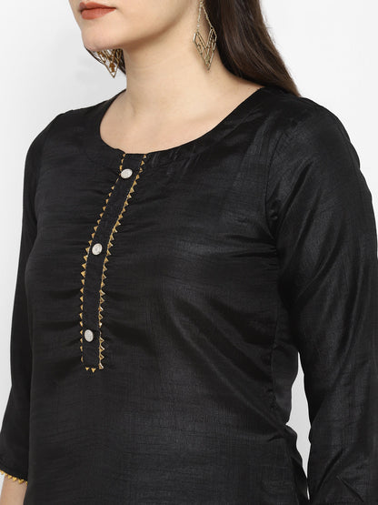 Women's Black Color Silk Blend Straight Kurta Palazzo With Dupatta