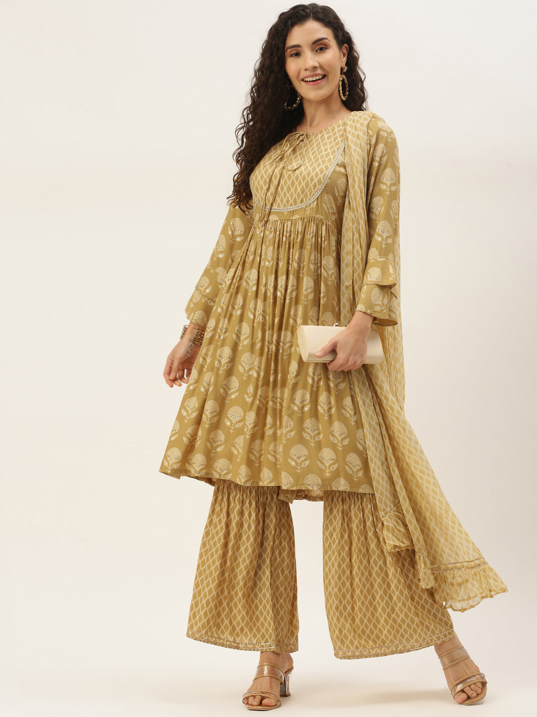 Women's Mustard Color Muslin Foil Printed Kurta Sharara With Dupatta