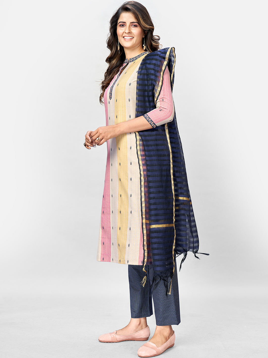 Women's Beige Multicolour Cotton Kurta With Pant & Dupatta By Vbuyz (3