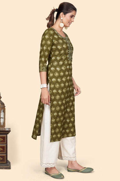 Women's Print & Embroidered Straight Cotton Mahendi Green Stitched Kurta