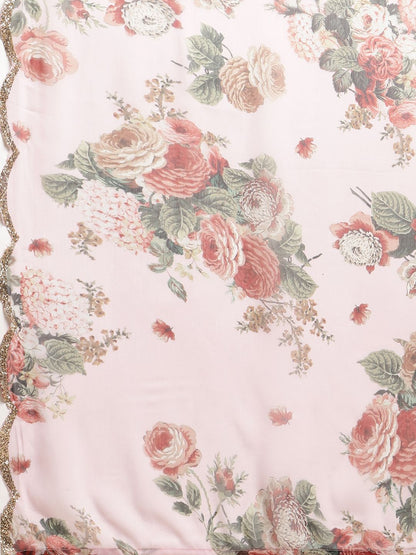Women's Pink Chiffon Digital Print Floral Saree