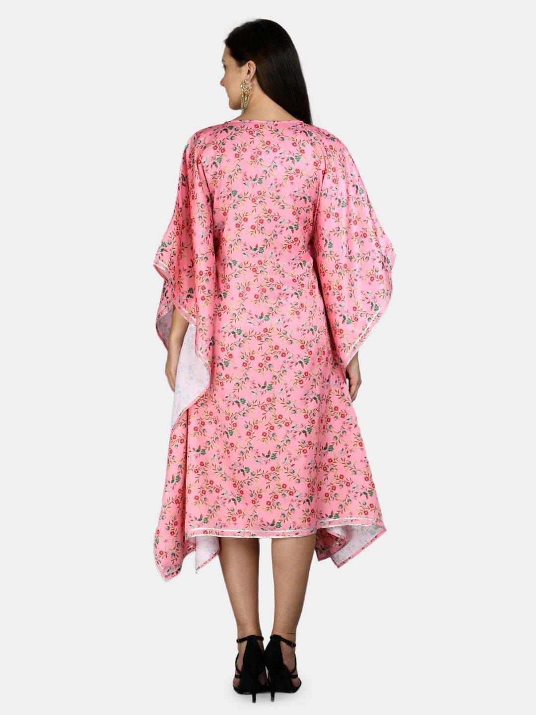 Women's Pink Polyester Printed Full Sleeve V Neck Casual kaftaan