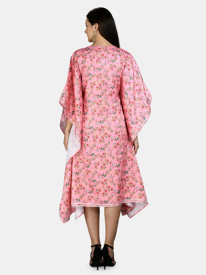 Women's Pink Polyester Printed Full Sleeve V Neck Casual kaftaan
