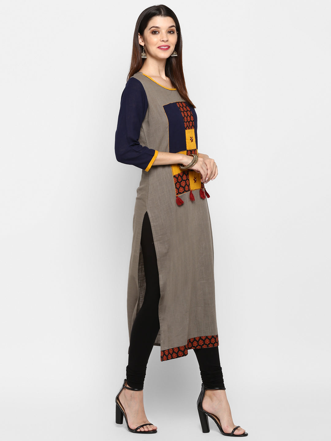 Women's Grey Cotton Straight Kurta By Vbu
