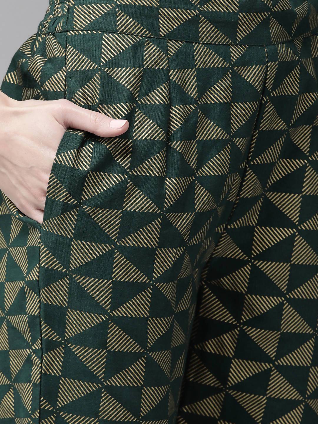 Women's Jade Green Rayon Slub Printed Jacket Style Kurta With Pants
