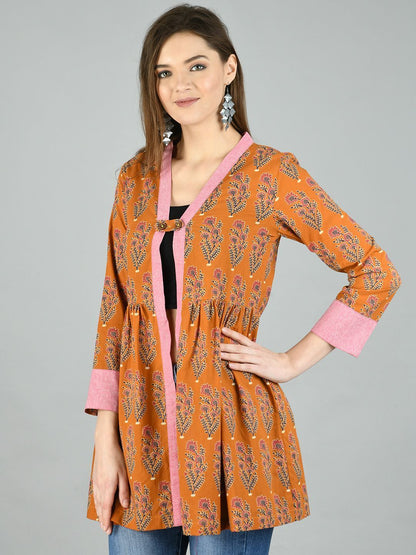 Women's Brown Cotton Printed Full Sleeve V Neck Casual Shrug