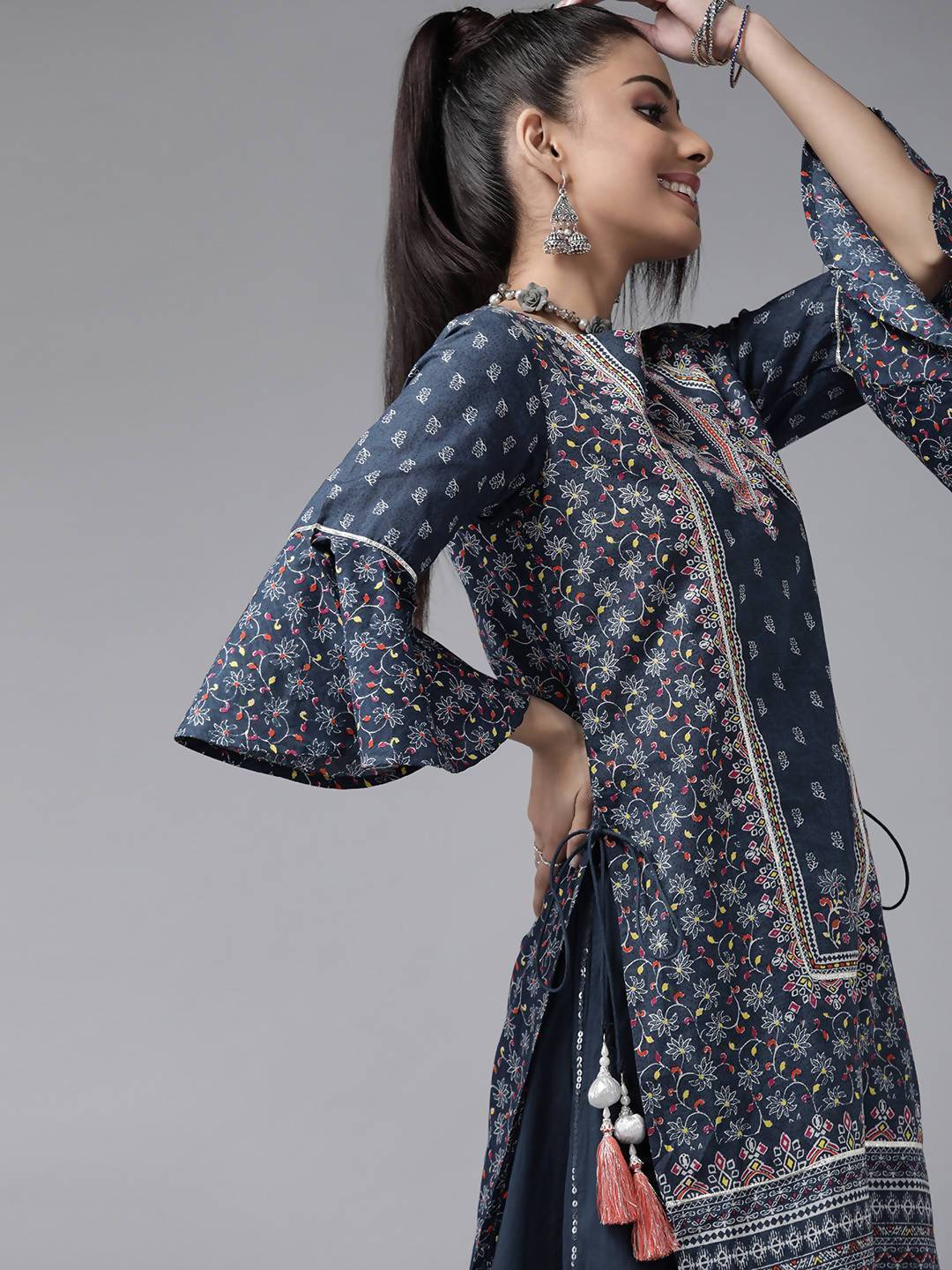 Women's Indigo Cambric Floral Print High-Low Kurta Palazzo Set With Mask