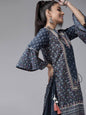 Women's Indigo Cambric Floral Print High-Low Kurta Palazzo Set With Mask