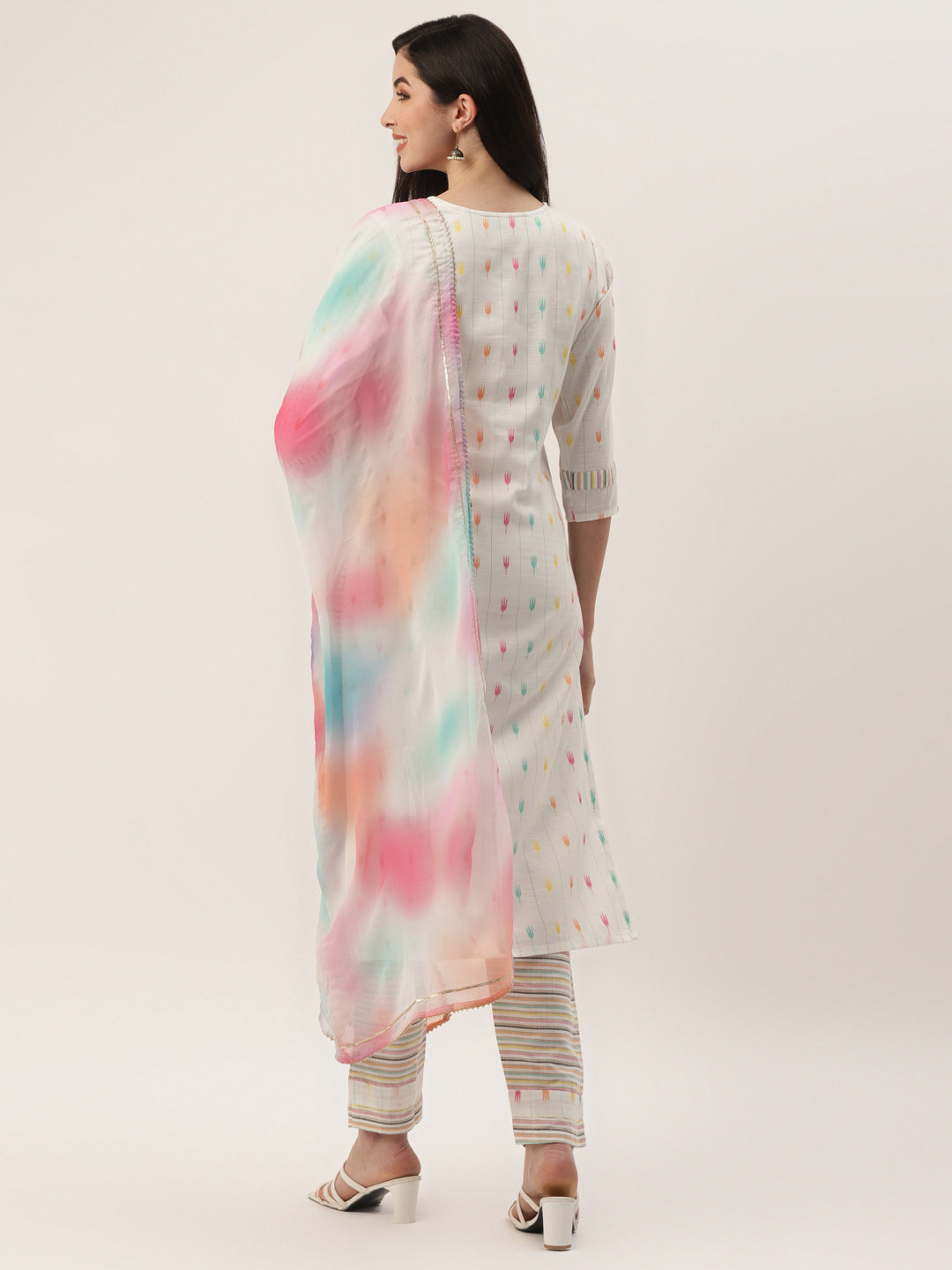 Women's White Cotton Blend Self Design Straight Kurta Trouser Set With Dupatta