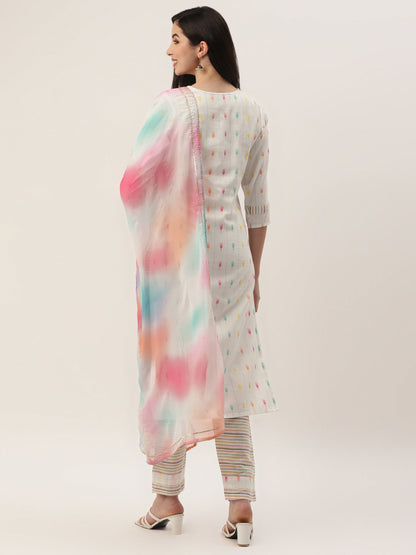 Women's White Cotton Blend Self Design Straight Kurta Trouser Set With Dupatta