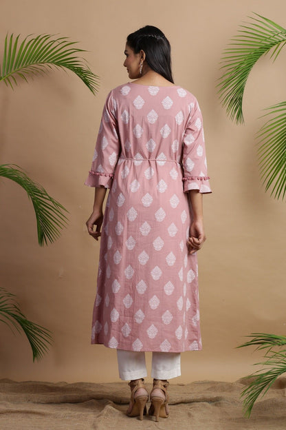 Women's Powderpink Cambric Printed Jacket Style Kurta
