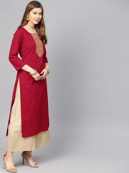 Women's Maroon Yoke Design Straight Kurta