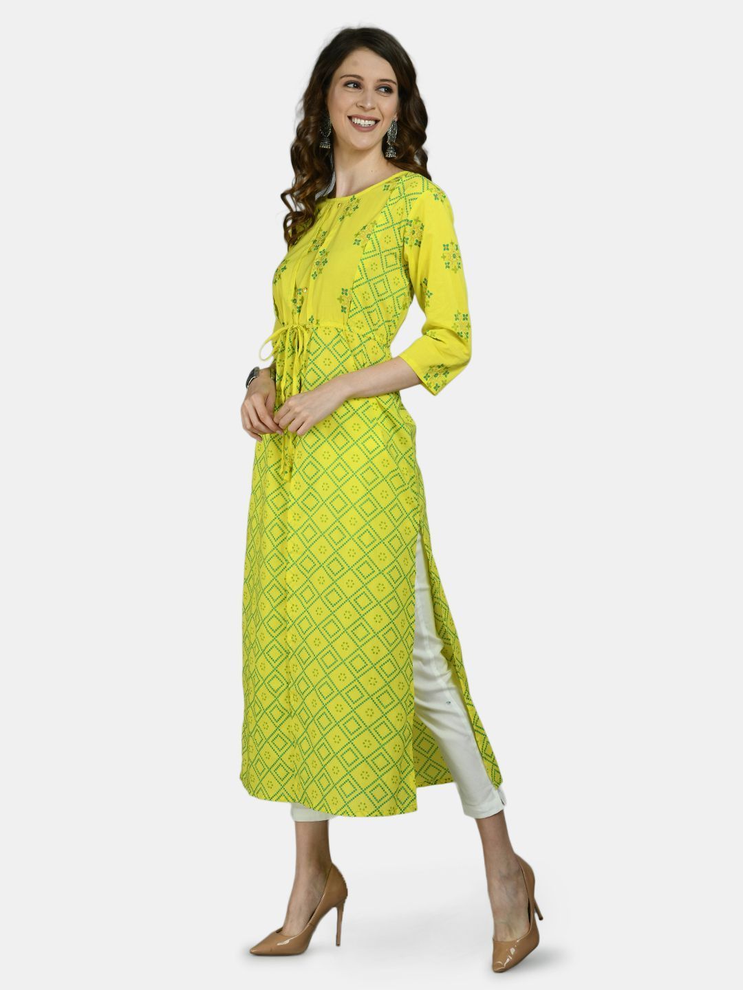 Women's Yellow Cotton Printed 3/4 Sleeve Round Neck Casual Kurta Pant Set