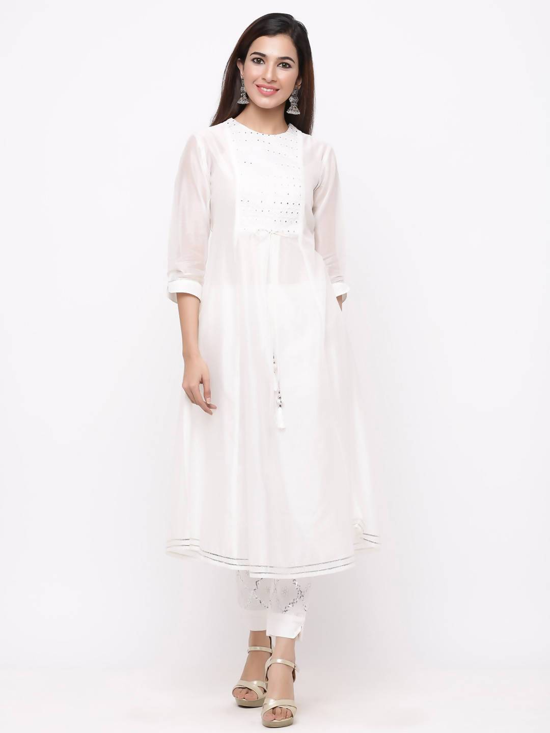 Women's White Chanderi Cotton Embellished A-Line Kurta