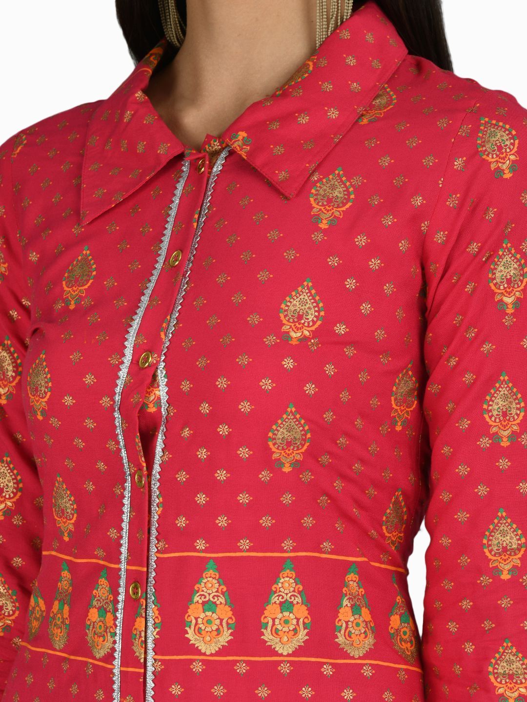 Women's Red Cotton Printed 3/4 Sleeve Shirt Collar Casual Anarkali kurta