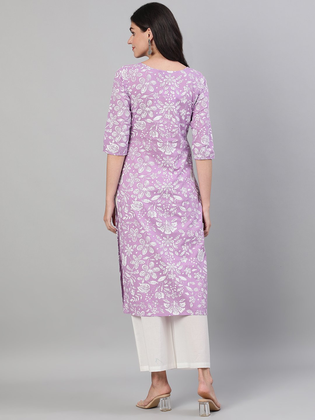 Women's Lavender Calf Length Three-Quarter Sleeves Straight Floral Printed Cotton Kurta With Face Mask