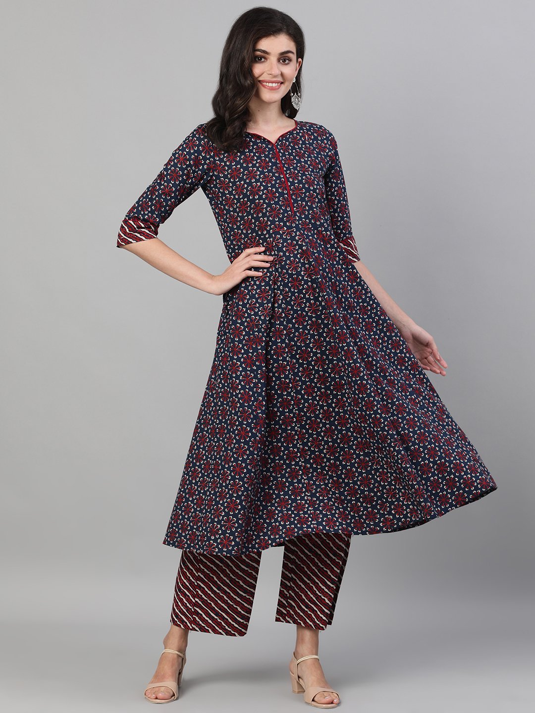 Women's Navy Blue Three-Quarter Sleeves Anarkali Kurta With Palazzo And Pockets