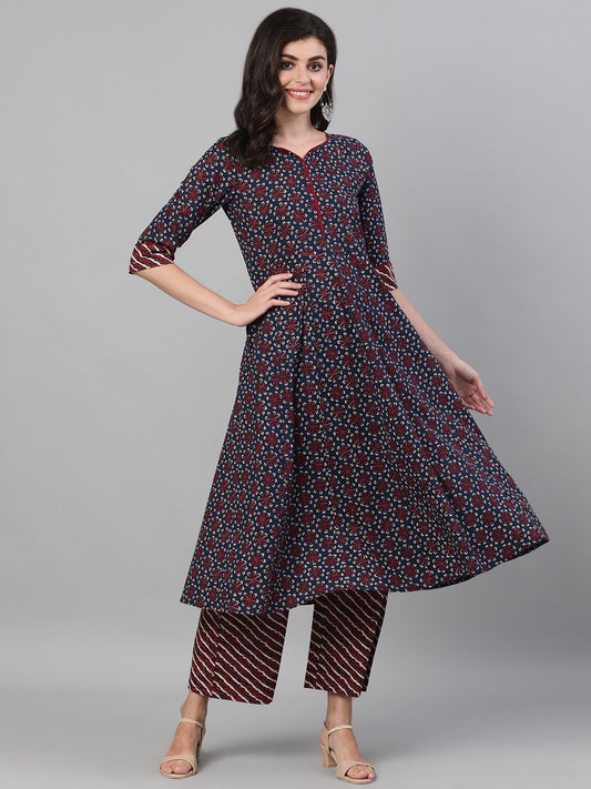 Women's Navy Blue Three-Quarter Sleeves Anarkali Kurta With Palazzo And Pockets