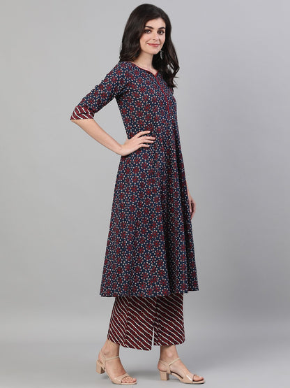 Women's Navy Blue Three-Quarter Sleeves Anarkali Kurta With Palazzo And Pockets