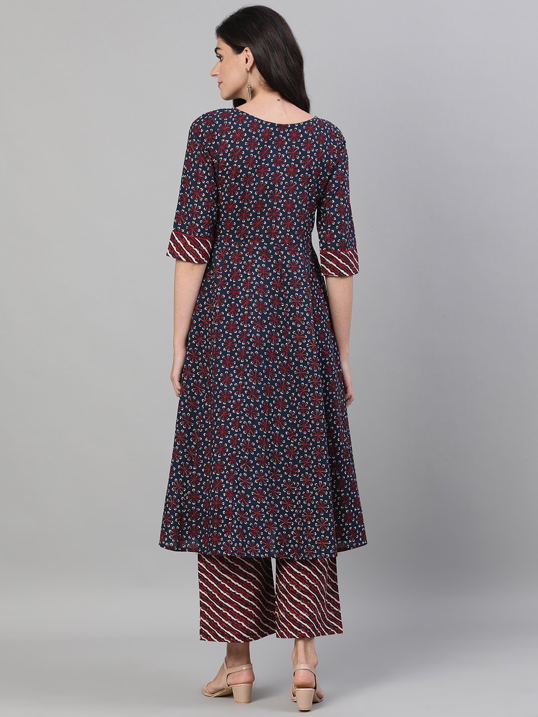 Women's Navy Blue Three-Quarter Sleeves Anarkali Kurta With Palazzo And Pockets