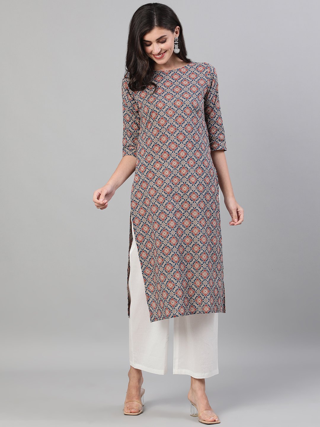 Women's Blue Calf Length Three-Quarter Sleeves Straight Ethnic Motif Printed Cotton Kurta With Pockets