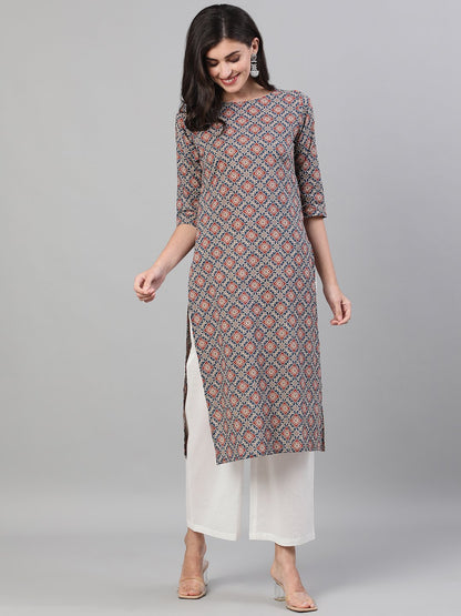 Women's Blue Calf Length Three-Quarter Sleeves Straight Ethnic Motif Printed Cotton Kurta With Pockets