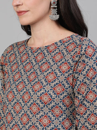 Women's Blue Calf Length Three-Quarter Sleeves Straight Ethnic Motif Printed Cotton Kurta With Pockets