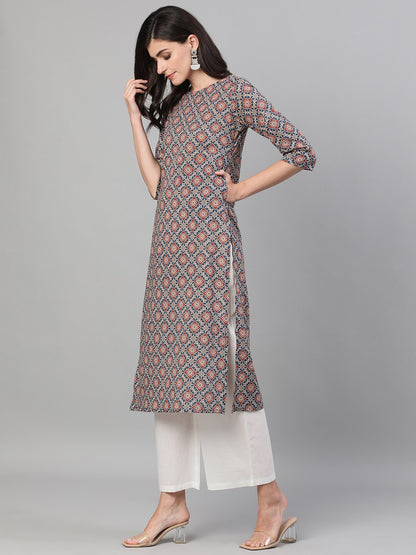 Women's Blue Calf Length Three-Quarter Sleeves Straight Ethnic Motif Printed Cotton Kurta With Pockets