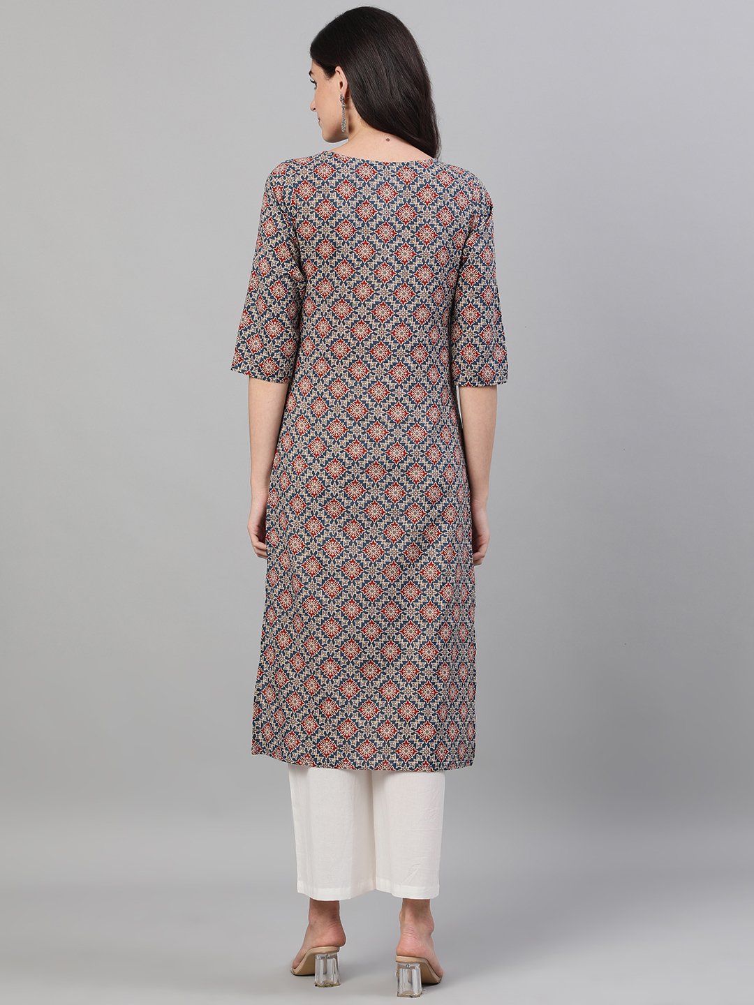 Women's Blue Calf Length Three-Quarter Sleeves Straight Ethnic Motif Printed Cotton Kurta With Pockets