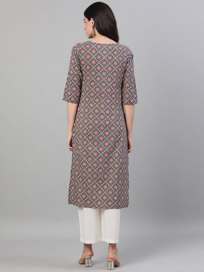 Women's Blue Calf Length Three-Quarter Sleeves Straight Ethnic Motif Printed Cotton Kurta With Pockets