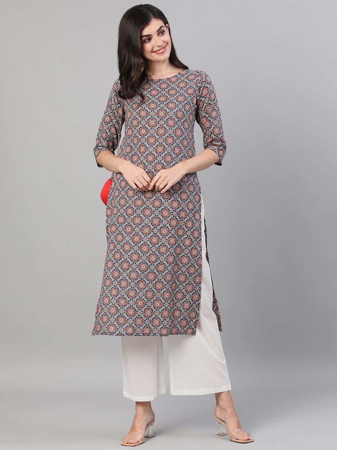 Women's Blue Calf Length Three-Quarter Sleeves Straight Ethnic Motif Printed Cotton Kurta With Pockets