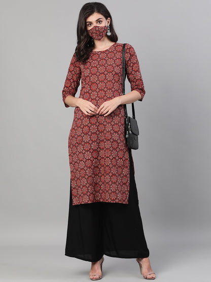 Women's Maroon Calf Length Three-Quarter Sleeves Straight Ethnic Motif Printed Cotton Kurta With Pockets And Face Mask