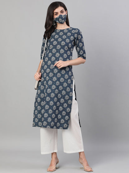 Women's Blue Calf Length Three-Quarter Sleeves Straight Bandhani Printed Cotton Kurta With Pockets And Face Mask