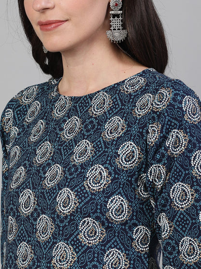 Women's Blue Calf Length Three-Quarter Sleeves Straight Bandhani Printed Cotton Kurta With Pockets And Face Mask
