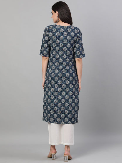 Women's Blue Calf Length Three-Quarter Sleeves Straight Bandhani Printed Cotton Kurta With Pockets And Face Mask