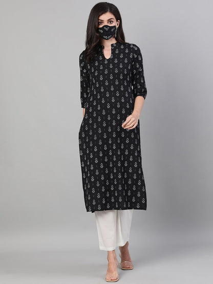 Women's Black Calf Length Three-Quarter Sleeves Straight Geometric Printed Cotton Kurta With Pockets And Face Mask