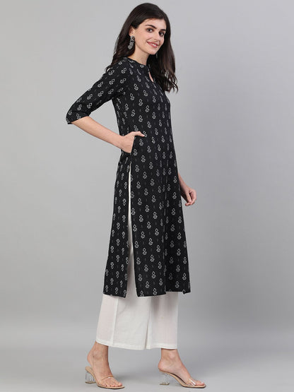 Women's Black Calf Length Three-Quarter Sleeves Straight Geometric Printed Cotton Kurta With Pockets And Face Mask