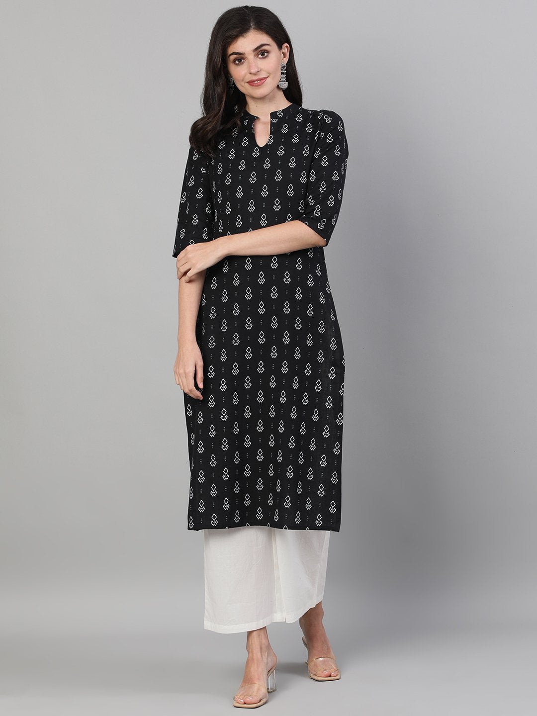 Women's Black Calf Length Three-Quarter Sleeves Straight Geometric Printed Cotton Kurta With Pockets And Face Mask