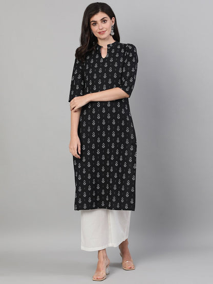 Women's Black Calf Length Three-Quarter Sleeves Straight Geometric Printed Cotton Kurta With Pockets And Face Mask