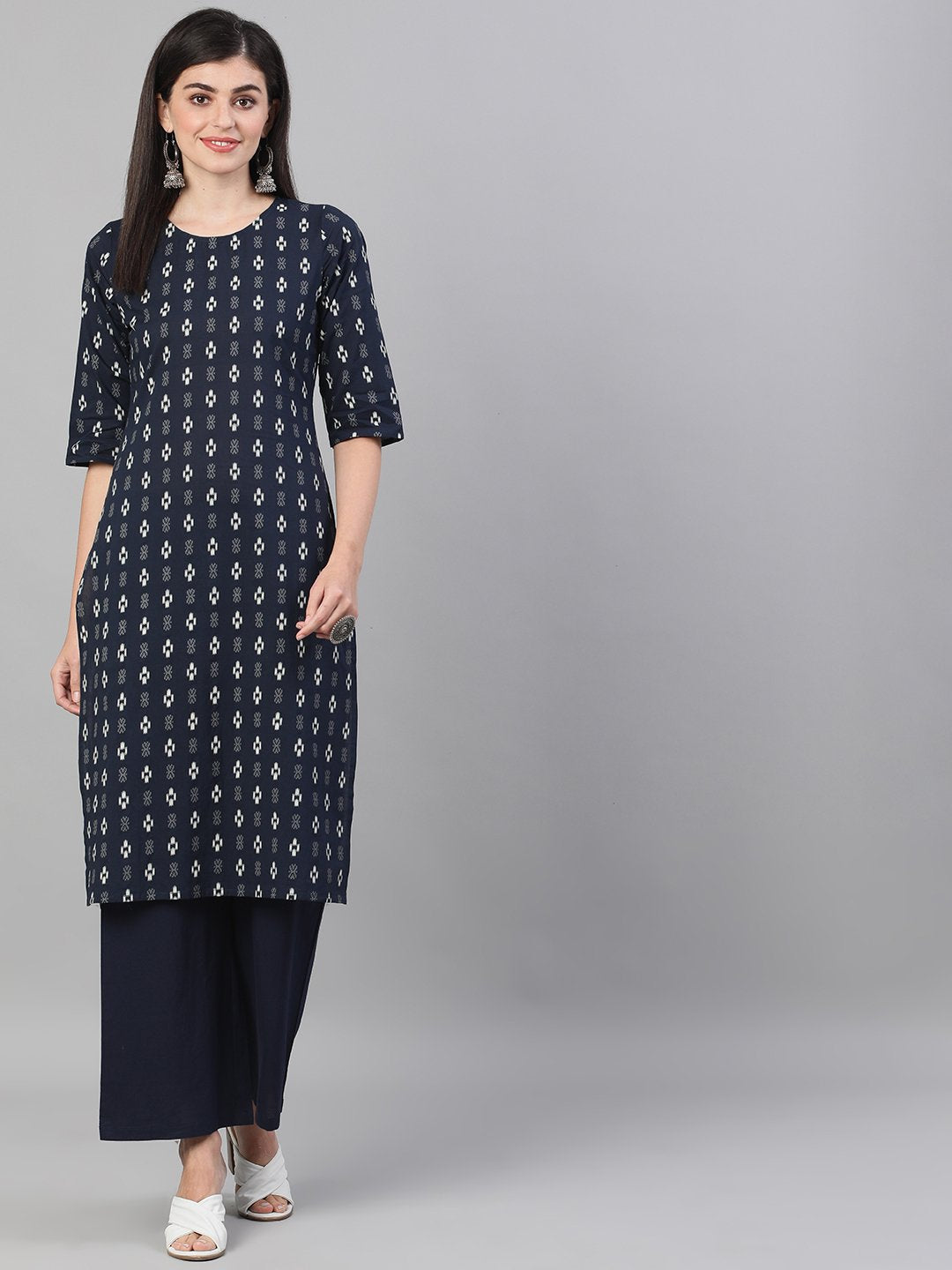 Women's Navy Blue Three-Quarter Sleeves Straight Kurta With Palazzo And Pockets