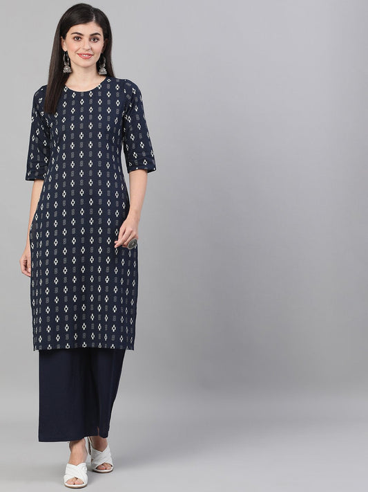 Women's Navy Blue Three-Quarter Sleeves Straight Kurta With Palazzo And Pockets