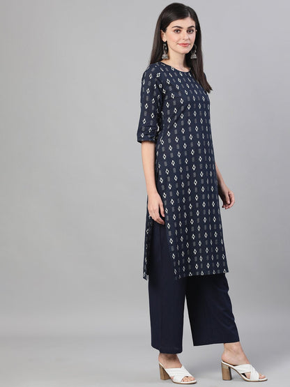 Women's Navy Blue Three-Quarter Sleeves Straight Kurta With Palazzo And Pockets