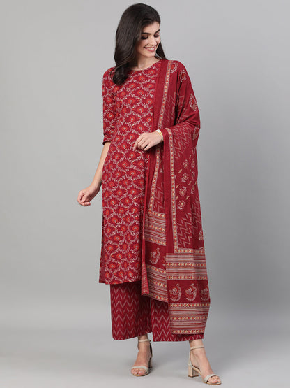 Women's Burgundy Gold Printed Three-Quarter Sleeves Straight Kurta With Palazzo And Dupatta With Pockets And Face Mask