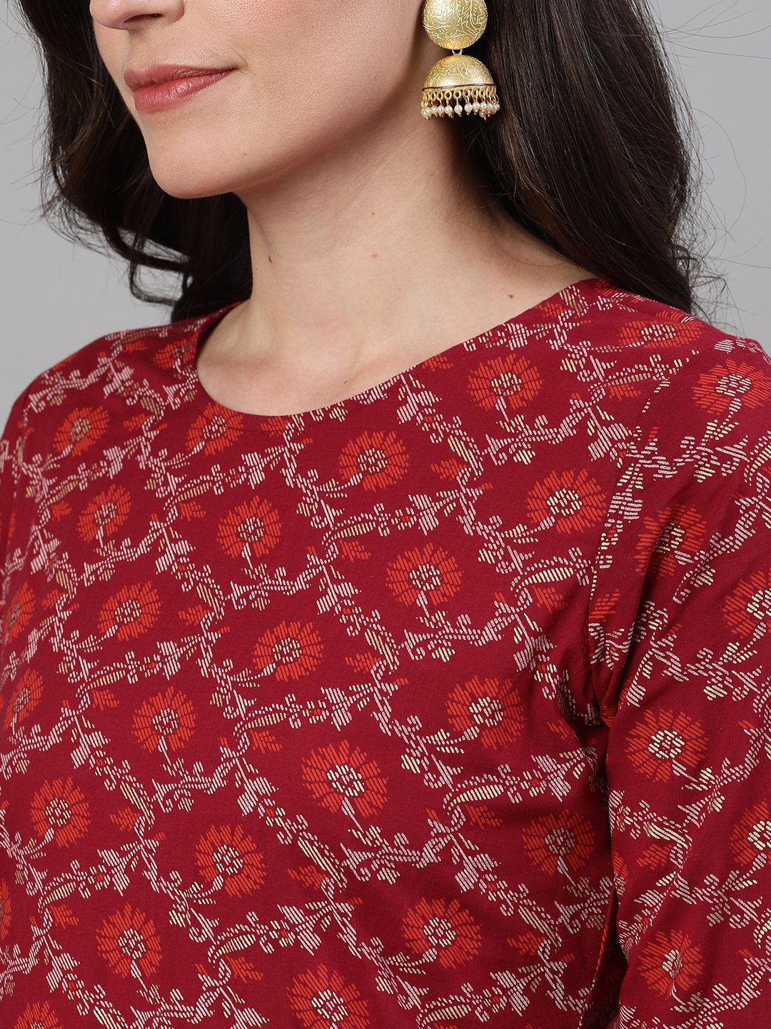 Women's Burgundy Gold Printed Three-Quarter Sleeves Straight Kurta With Palazzo And Dupatta With Pockets And Face Mask