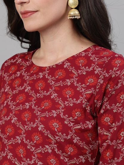 Women's Burgundy Gold Printed Three-Quarter Sleeves Straight Kurta With Palazzo And Dupatta With Pockets And Face Mask