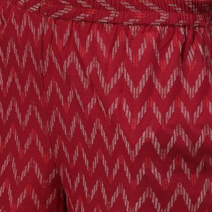 Women's Burgundy Gold Printed Three-Quarter Sleeves Straight Kurta With Palazzo And Dupatta With Pockets And Face Mask