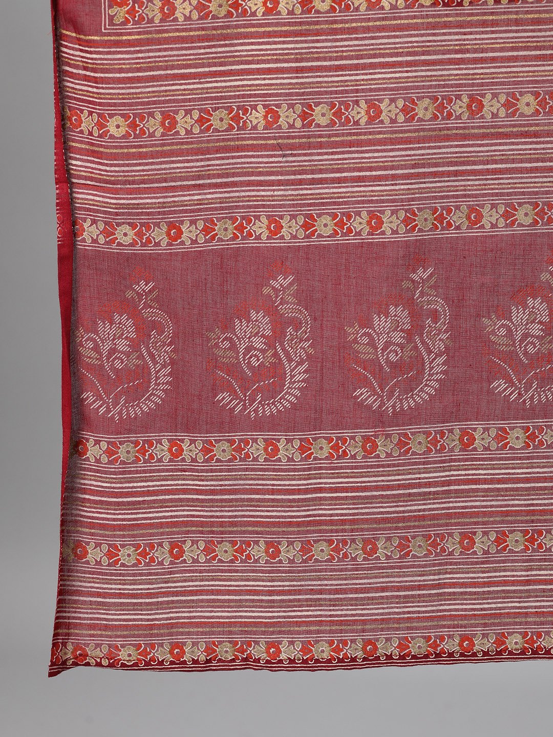 Women's Burgundy Gold Printed Three-Quarter Sleeves Straight Kurta With Palazzo And Dupatta With Pockets And Face Mask