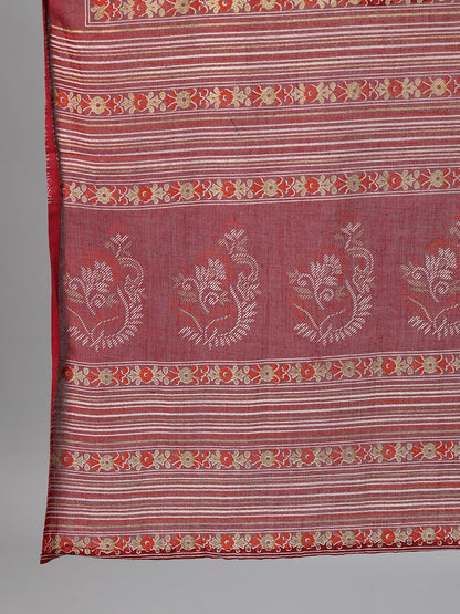 Women's Burgundy Gold Printed Three-Quarter Sleeves Straight Kurta With Palazzo And Dupatta With Pockets And Face Mask