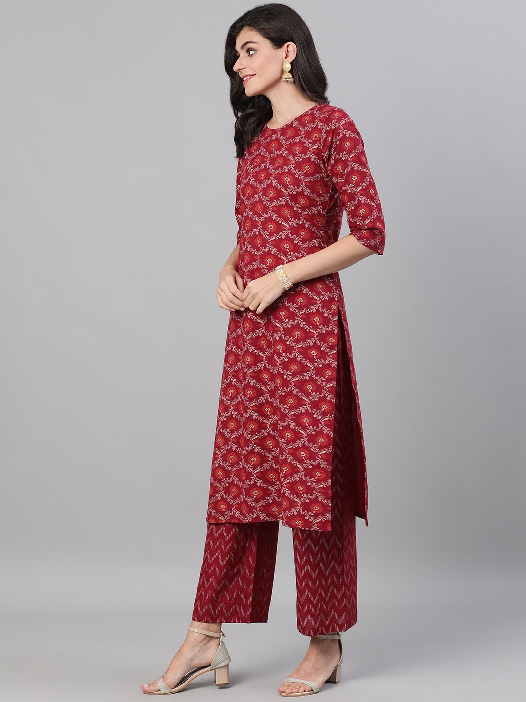Women's Burgundy Gold Printed Three-Quarter Sleeves Straight Kurta With Palazzo And Dupatta With Pockets And Face Mask